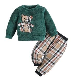 ✅4/25$✅ Plaid 12-18 months baby‎ outfit green and beige beat soft set B2